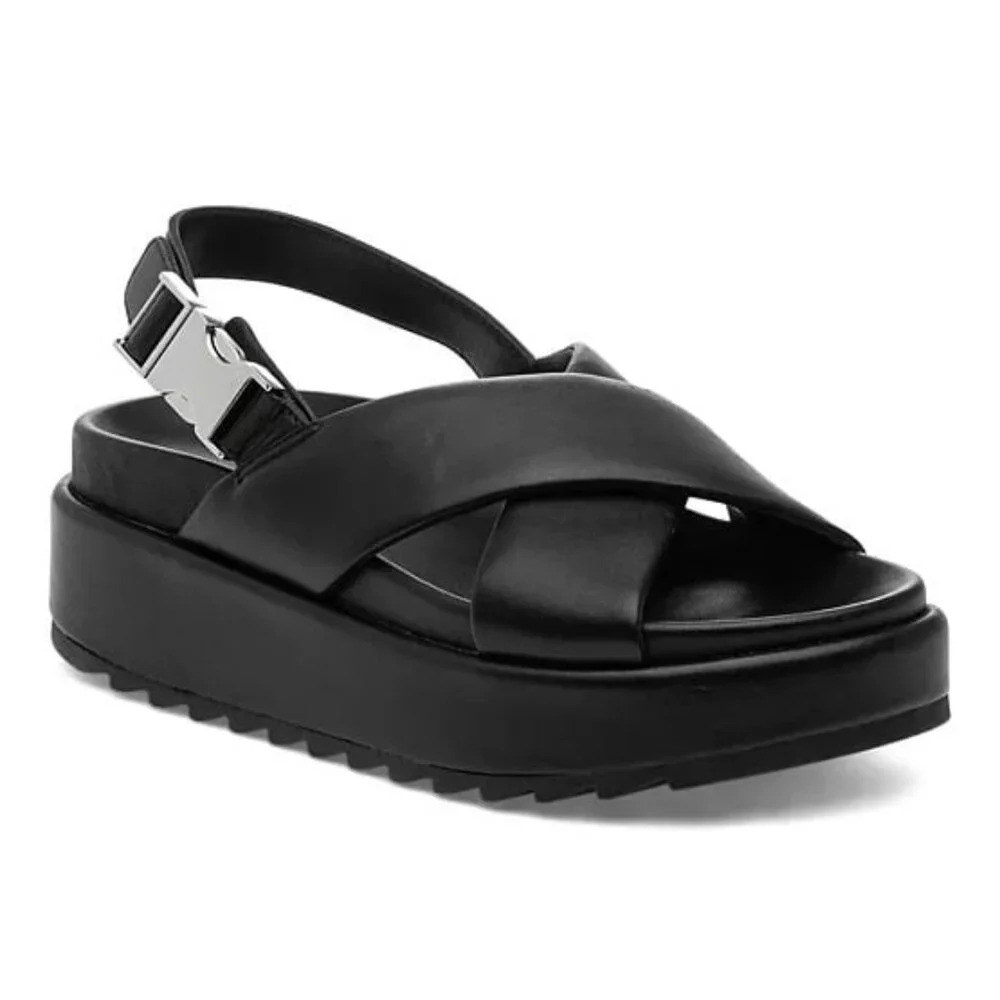 J Slides Black Platform Cross-Strap Sandals